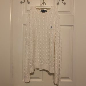 Ralph Lauren Cable-Knit Cotton Crewneck Sweater, Large white with pale blue logo